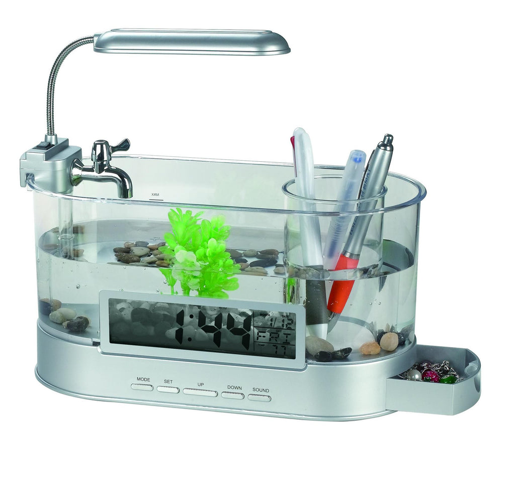Mini-Aquarium mit Uhrenfunktion, Temperaturalarm und Stifthalter