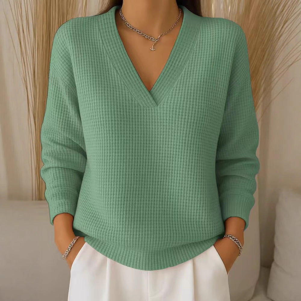 Casual Lockere Einheitsfarben Waffle-Langarm-Pullover