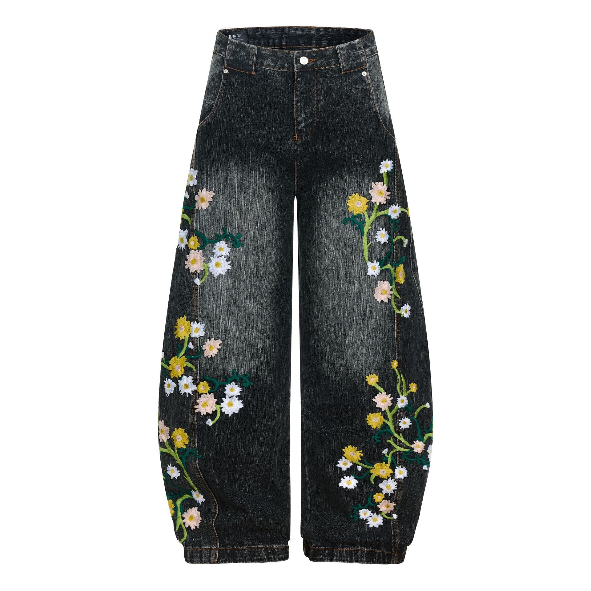 Jeans mit Blumenstickerei und weitem Bein