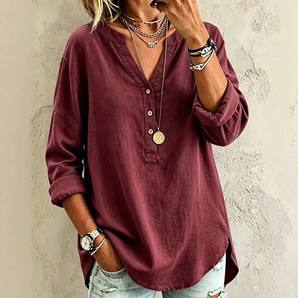 V-Ausschnitt Langarmshirt mit Knopfleiste