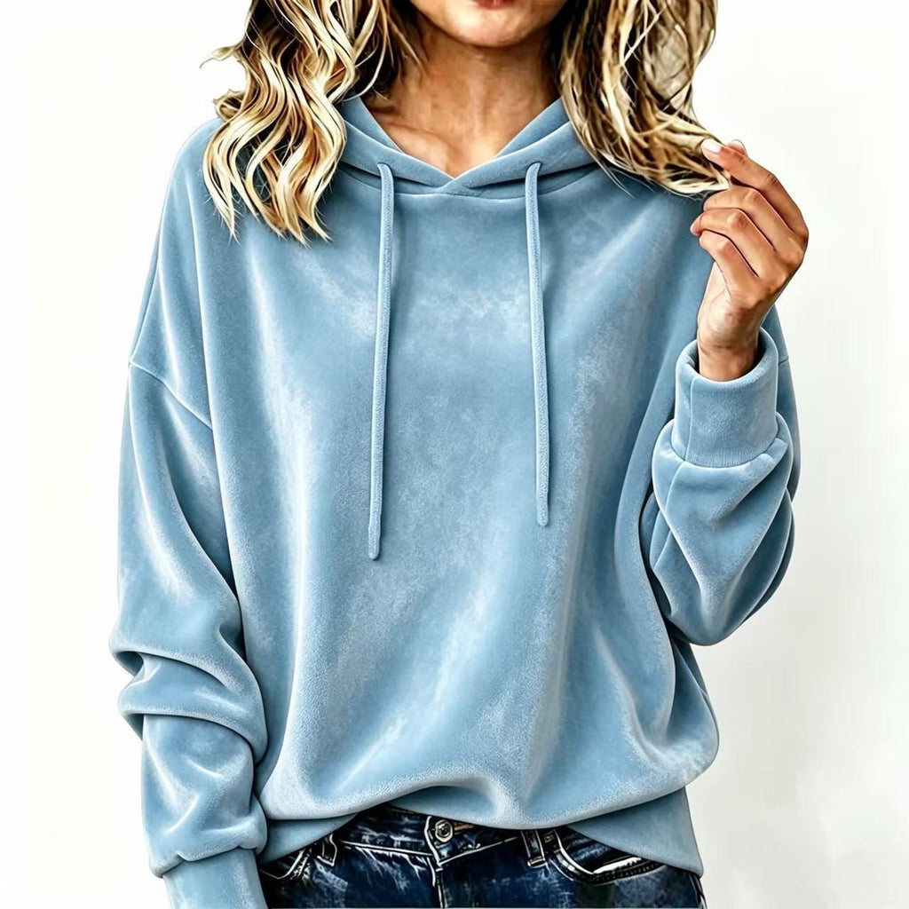 Samt-Pullover mit Kapuze und Kordelzug