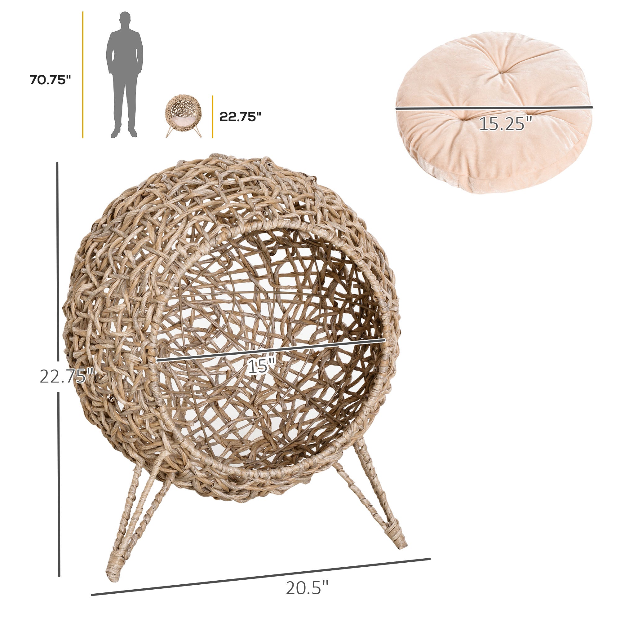 Elevierter Wicker-Katzenkorb mit Polster, Beige