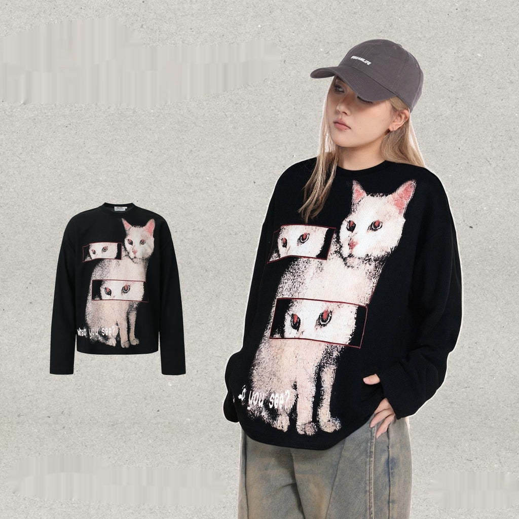 Langarm-Hoodie mit tanzender Katze, lockere Passform