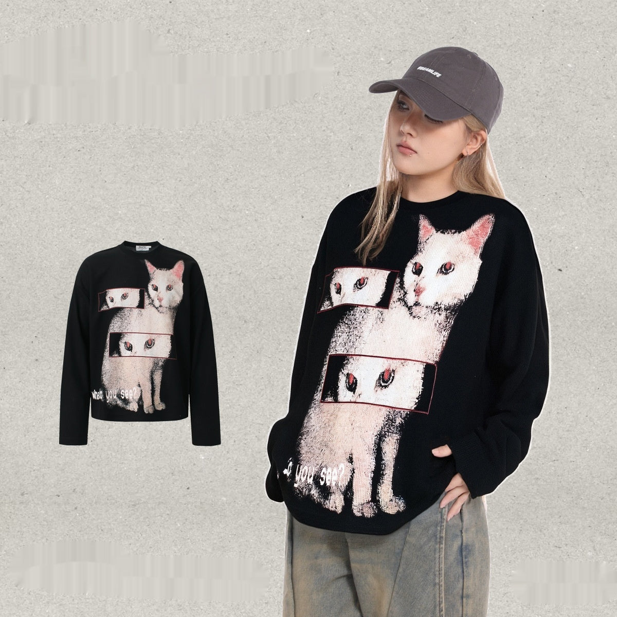 Langarm-Hoodie mit tanzender Katze, lockere Passform