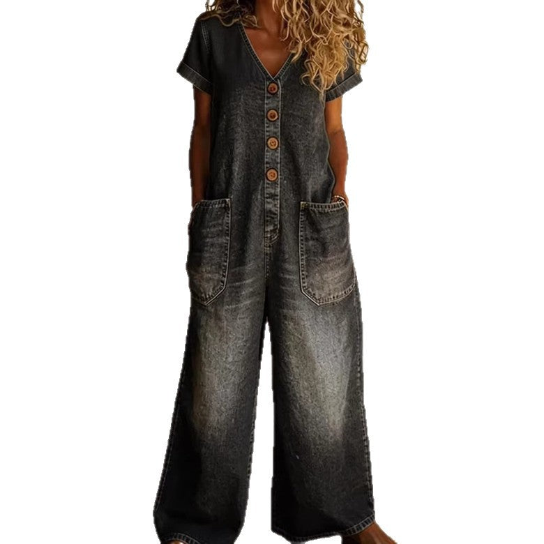 Bequemer Denim Jumpsuit mit weitem Bein