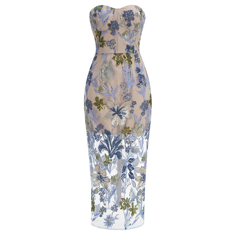 Besticktes, trägerloses Maxikleid mit Blumenmuster – Bild 4 | LuxeStyle