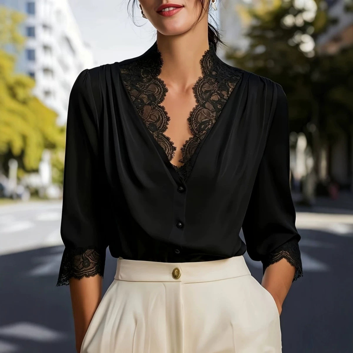 Elegante Bluse mit Spitzen-Einsätzen