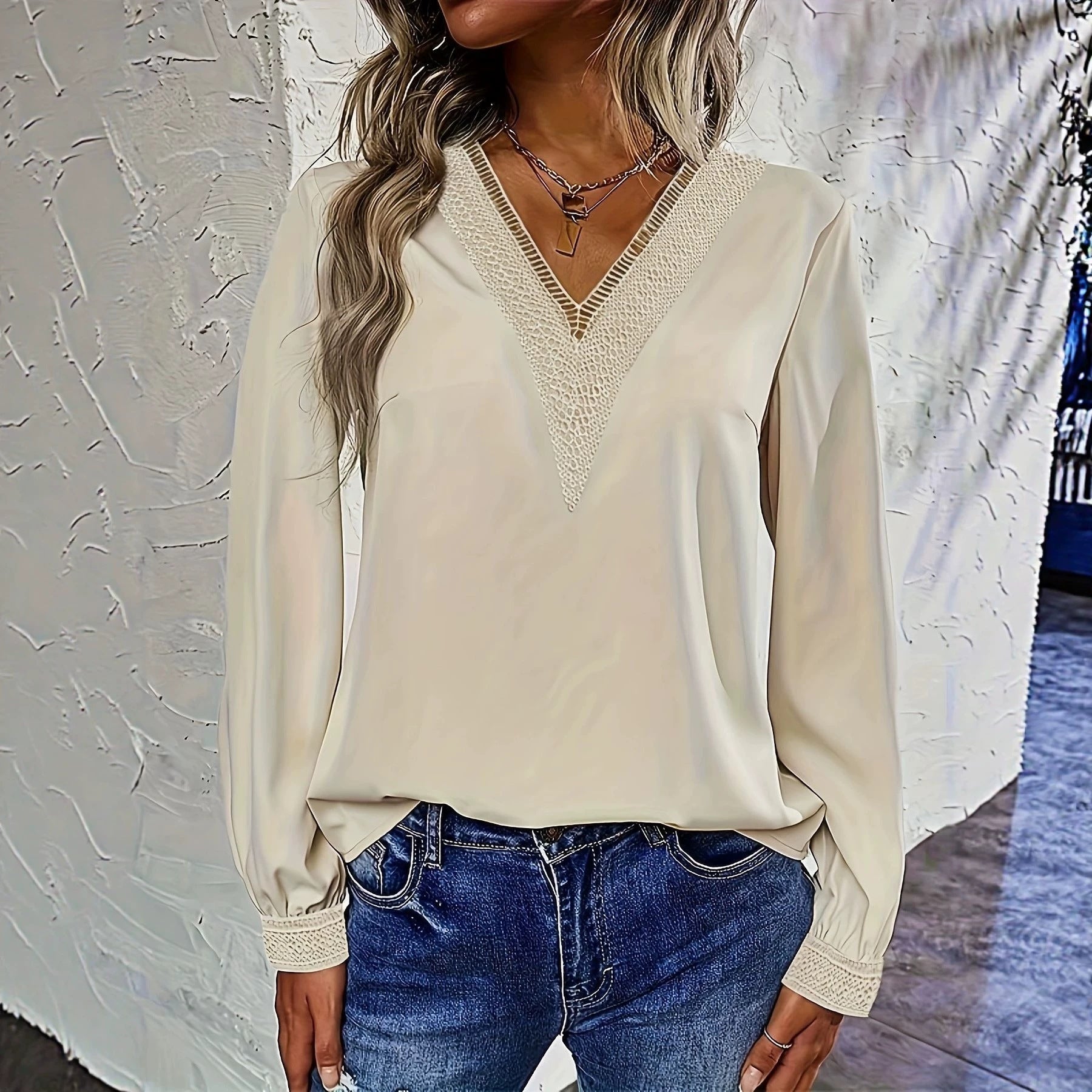 Damen Bluse mit V-Ausschnitt & Puffärmeln