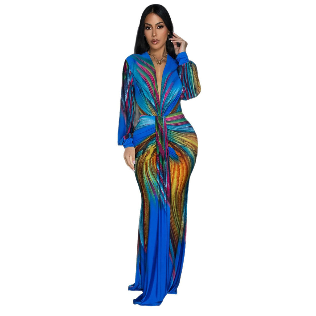 Tie-Dye Maxikleid mit tiefem V-Ausschnitt