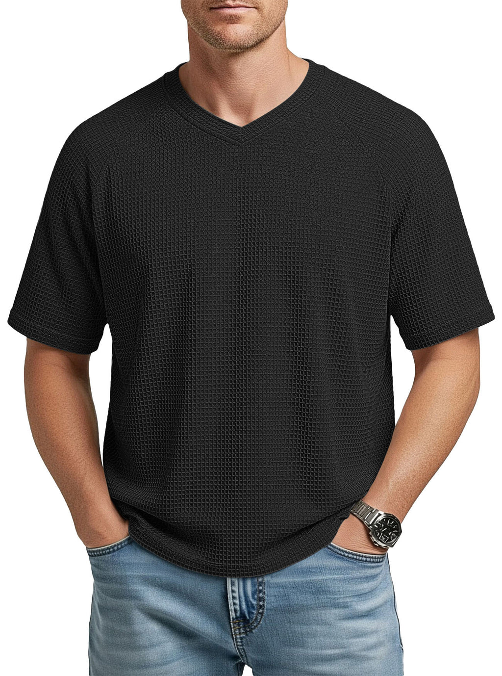 Herren V-Ausschnitt Raglan Waffelstrick T-Shirt