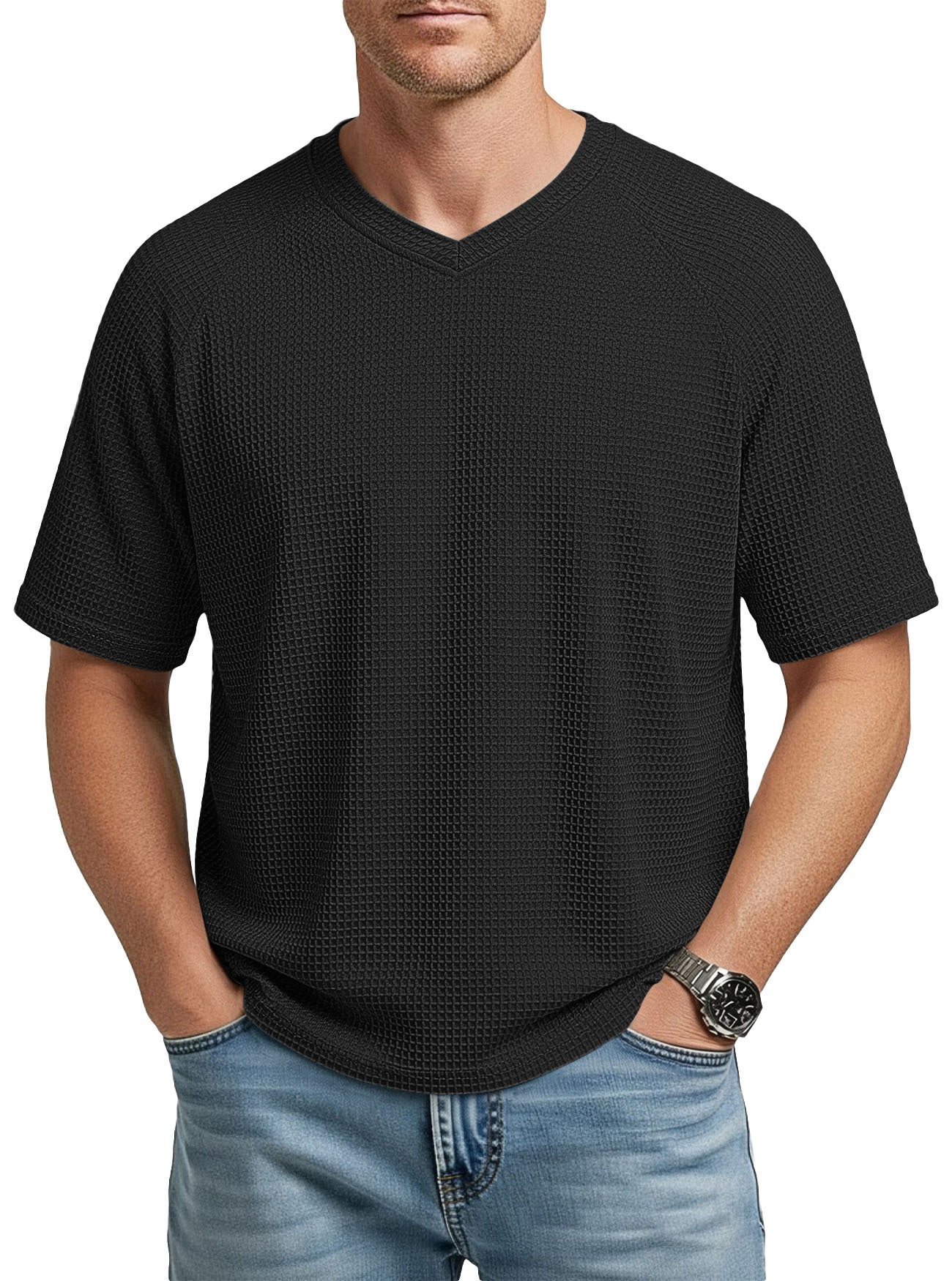 Herren V-Ausschnitt Raglan Waffelstrick T-Shirt