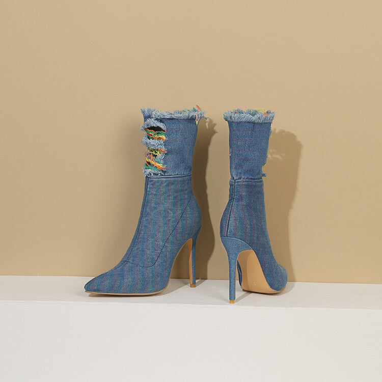 Wind Denim Mid-Calf Boots mit spitzer Zehe
