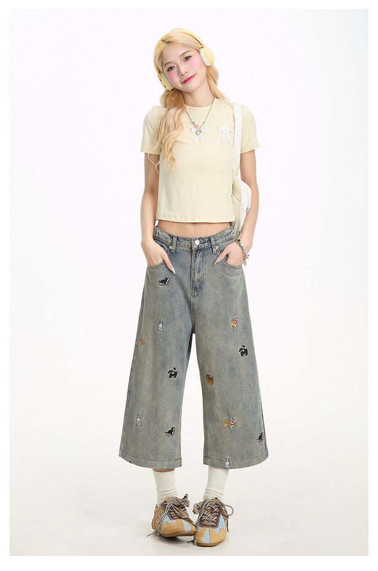 Bestickte Denim-Shorts mit Welpen-Design