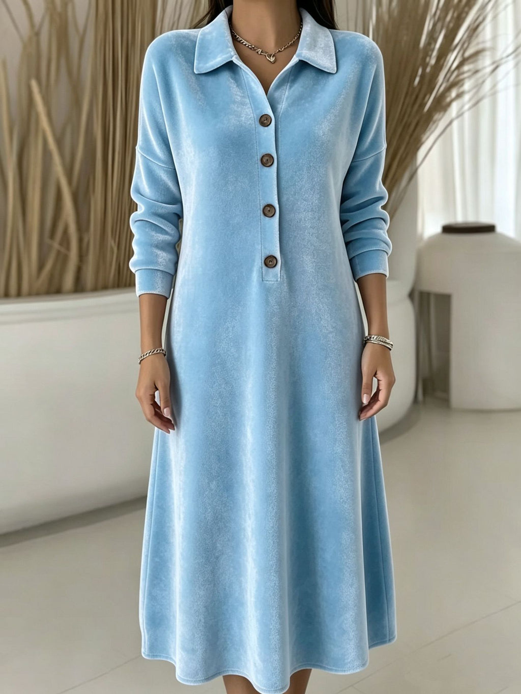 Samtkleid mit Knopfleiste und langen Ärmeln – Bild 11 | LuxeStyle