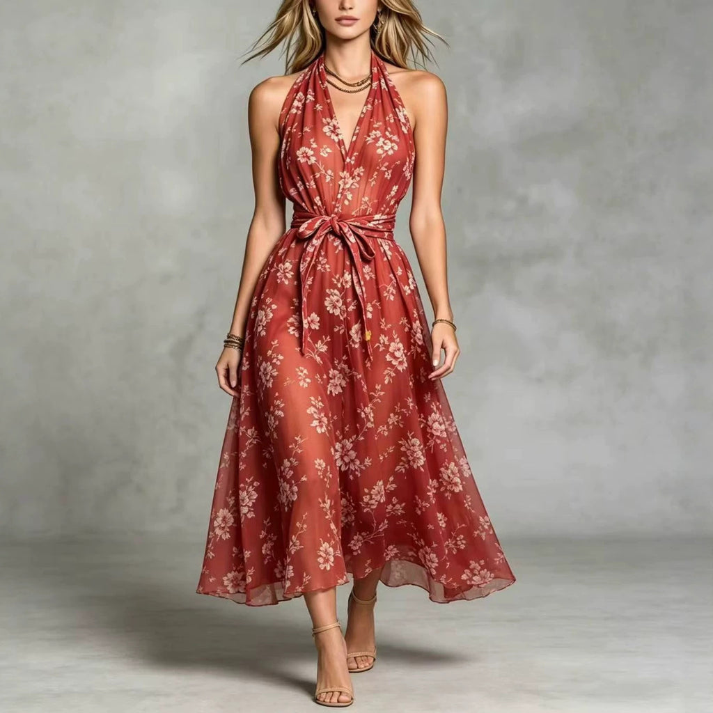 Damen V-Ausschnitt Maxikleid mit Blumenmuster & Schleife – Bild 4 | LuxeStyle