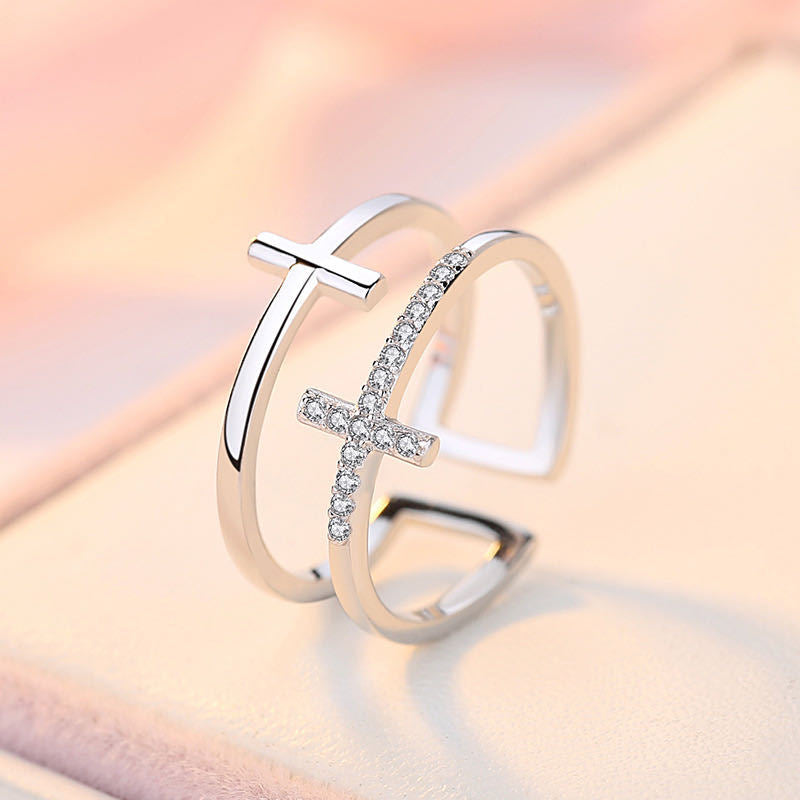 Doppelkreuz Zirkonring, Kupfer, verstellbar