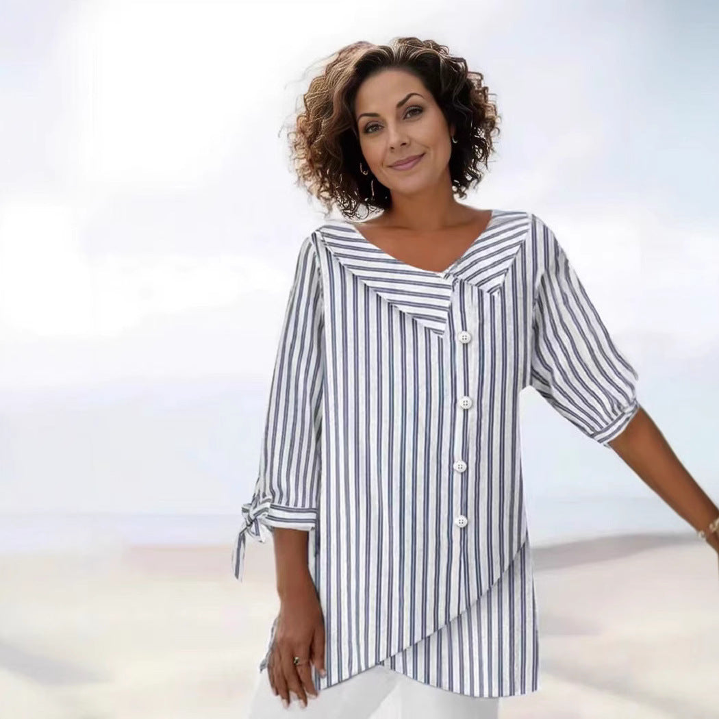 Gestreiftes V-Neck Top für Damen