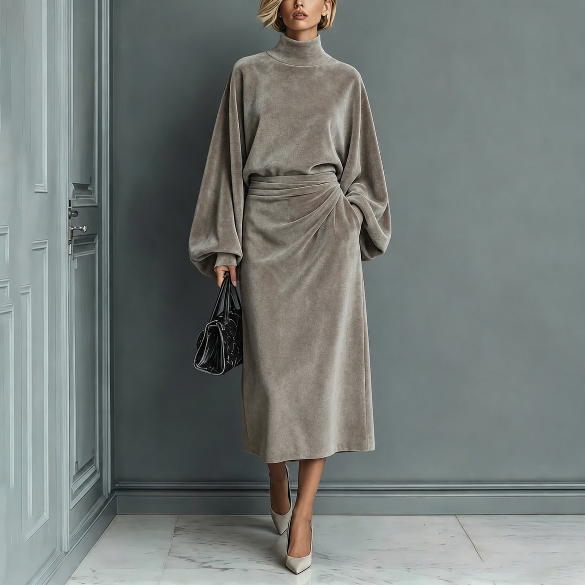 Langärmliges Rollkragenkleid mit A-Linen Rock – Bild 3 | LuxeStyle