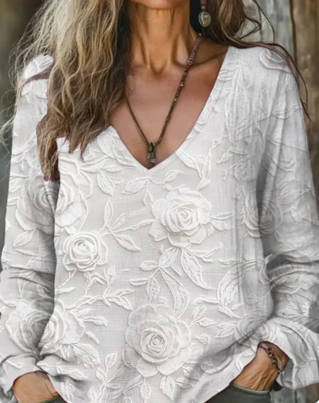 V-Neck Langarm-Pullover mit lockerem Print