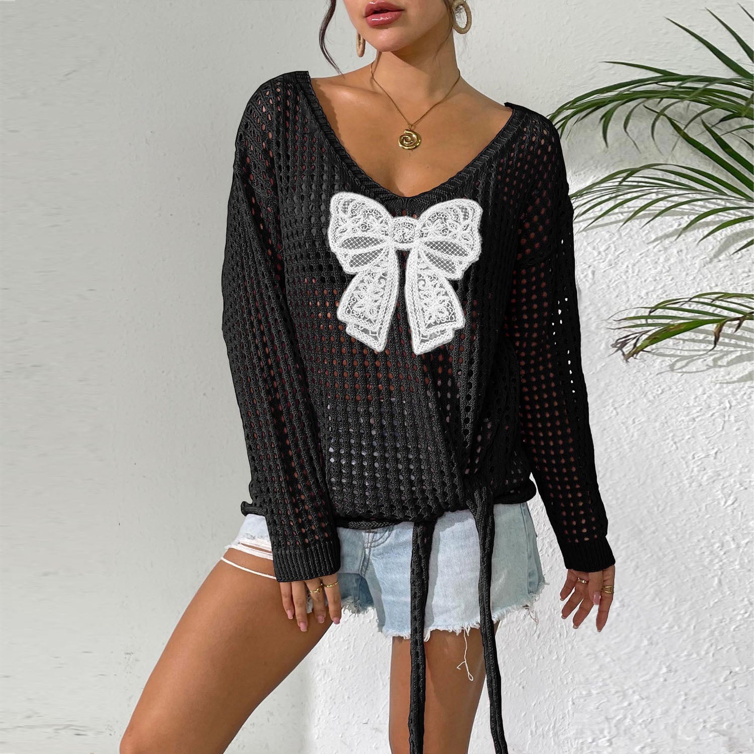 Lässiger Strickpullover mit Schmetterlings-Patchwork – Ansicht 5