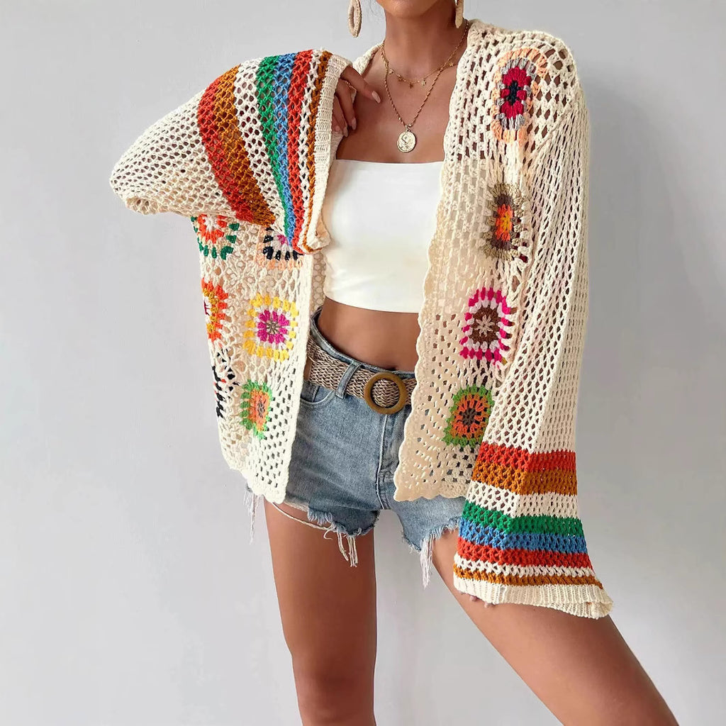 Gehäkelter Floral-Pullover mit Farbblöcken – Ansicht 5
