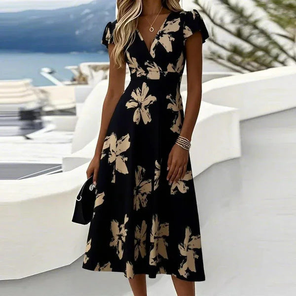 Geblümtes V-Ausschnitt Kurzarmkleid mit 3D-Print – Bild 2 | LuxeStyle