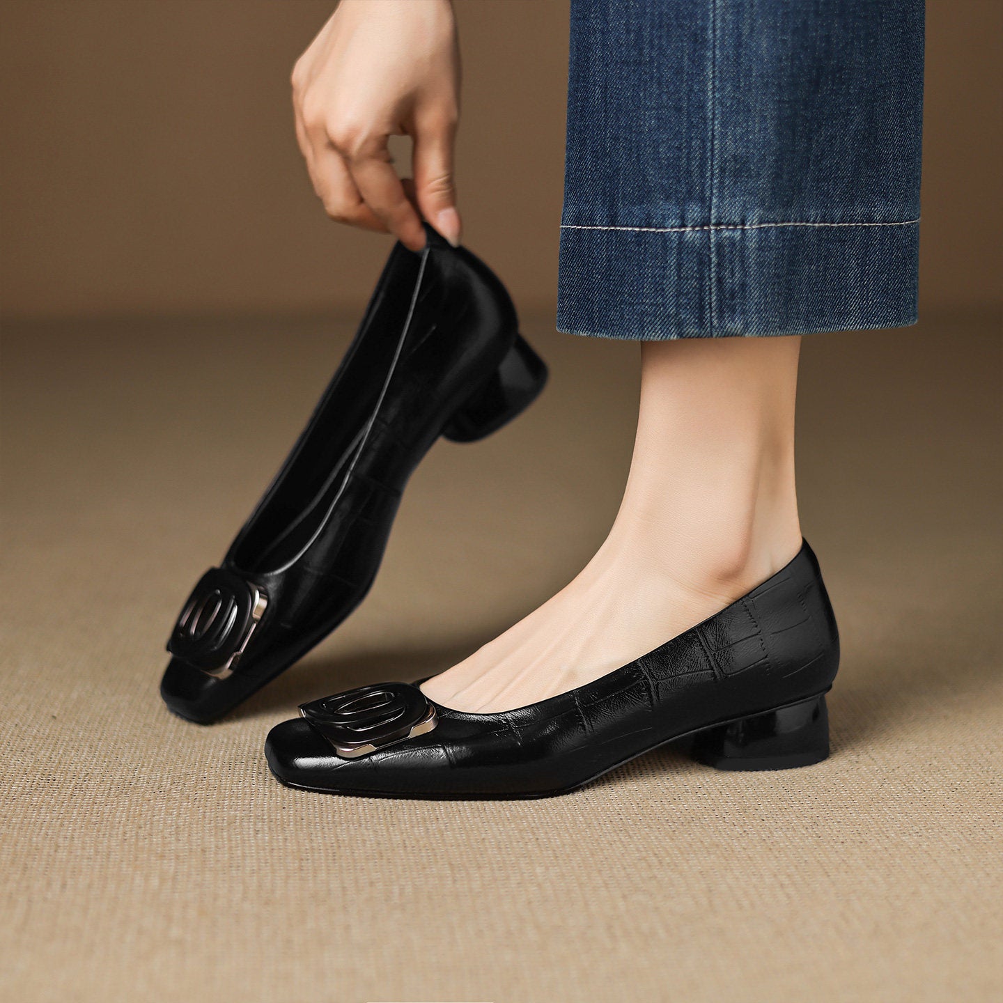 Echtleder-Pumps mit klobigem Absatz