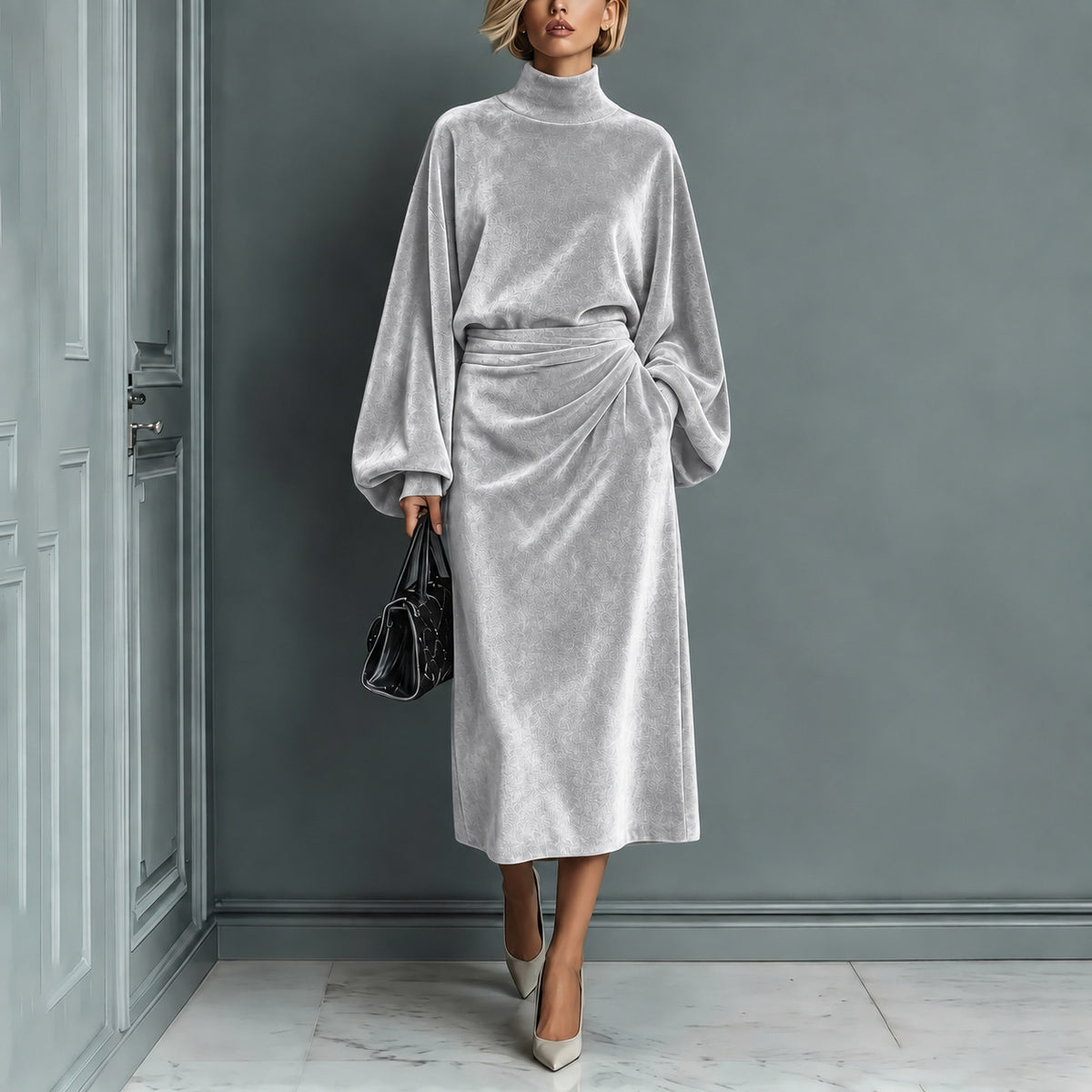 Langärmliges Rollkragenkleid mit A-Linen Rock – Bild 6 | LuxeStyle