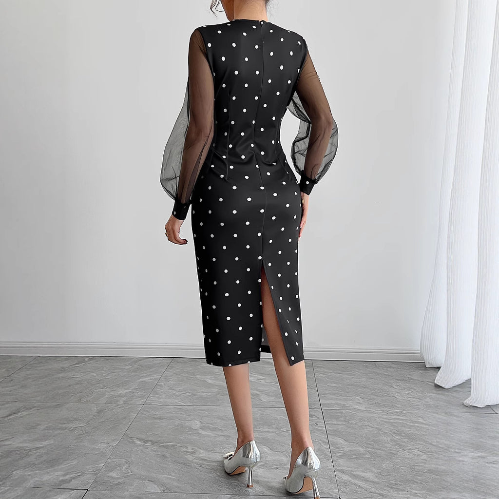 Gepunktetes Midikleid mit Mesh-Ärmeln | LuxeStyle