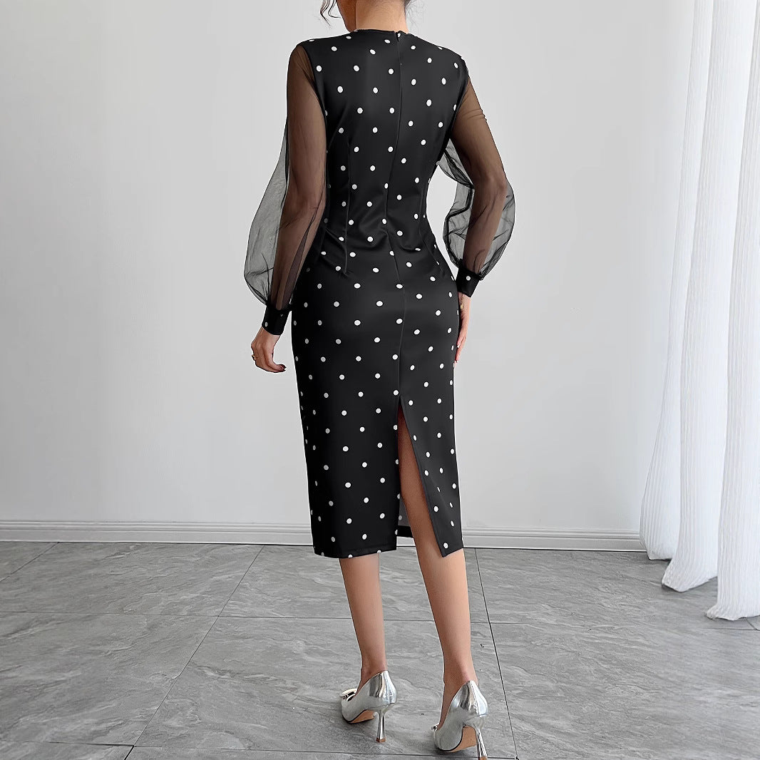 Gepunktetes Midikleid mit Mesh-Ärmeln | LuxeStyle
