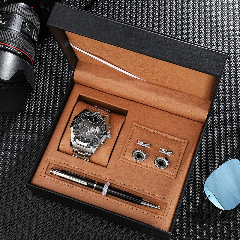 Quarz-Uhr mit Kalender, Manschettenknöpfen & Füller – Bild 5 | LuxeStyle