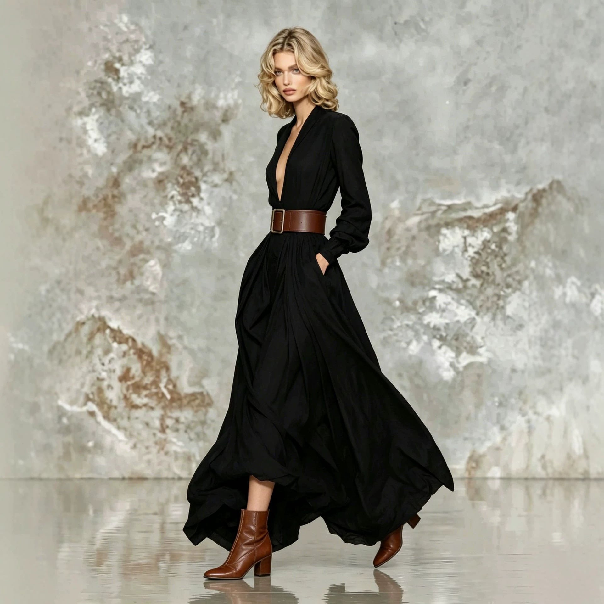 Maxi-Kleid «Aria» · Langarm, tailliert mit Gürtel