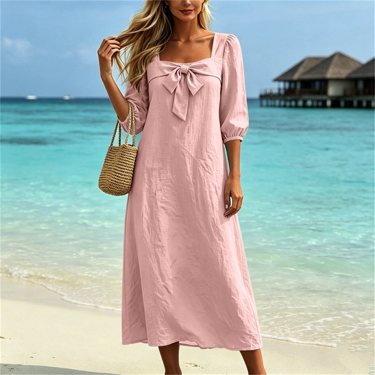 Baumwoll-Leinen Casual-Kleid mit Schleife – Bild 3 | LuxeStyle