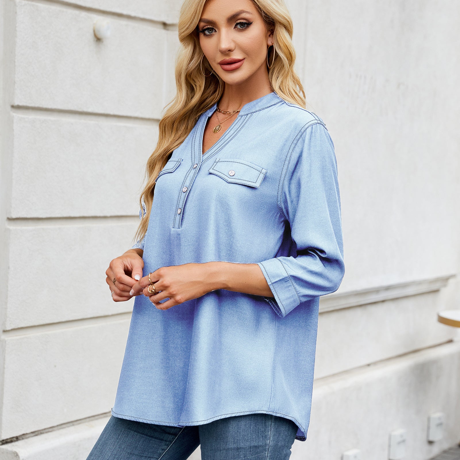 Lockere Faux-Denim-Bluse