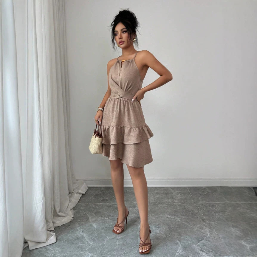 Halter V-Ausschnitt Rüschenkleid
