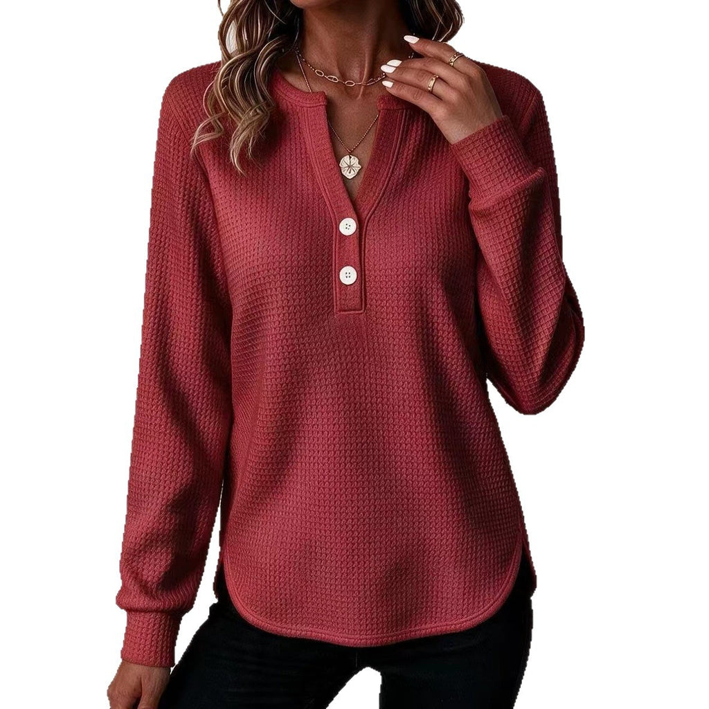 Damen-V-Neck Langarmshirt mit Doppel-Hemdblende