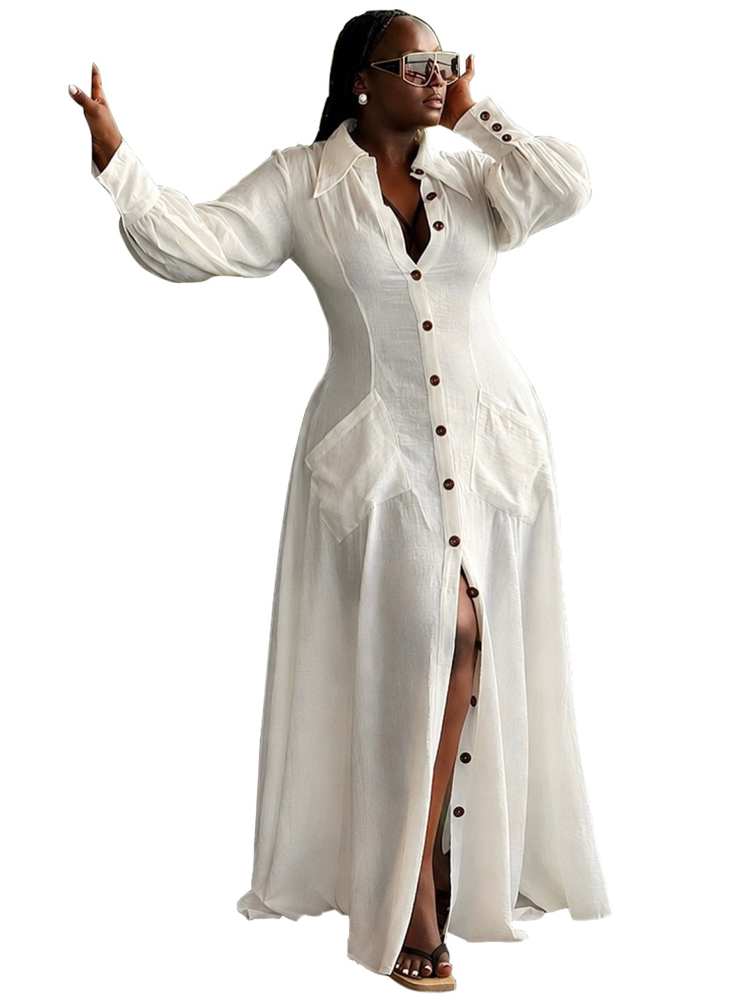 Elegantes V-Neck Maxikleid mit Knopfleiste