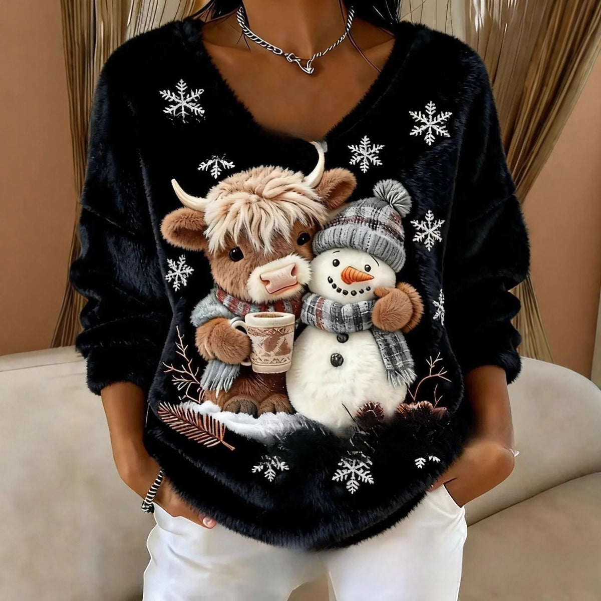Digital bedruckter Damen V-Pullover – Bild 7 | LuxeStyle