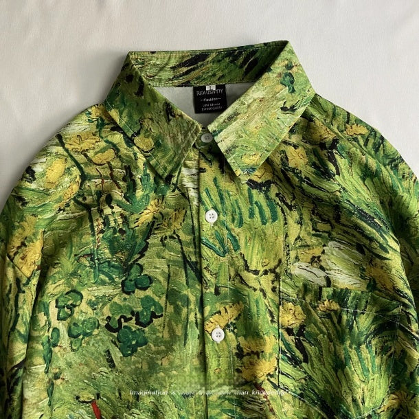 Grünblaues Pflanzenöl-Malerei-Shirt mit langen Ärmeln – Bild 5 | LuxeStyle