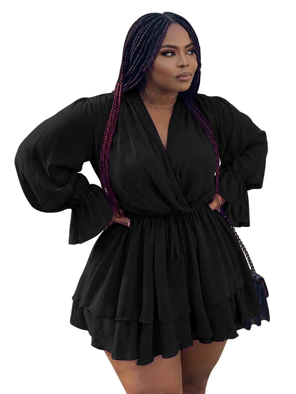 Elegantes V-Neck Langarm-Kleid mit Schnürung