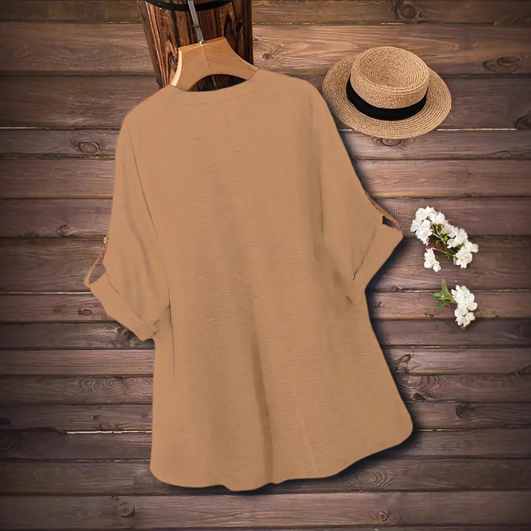 Damen-Button-Up-Shirt, V-Ausschnitt, 3/4-Arm, Plus-Size, Khaki/Grün