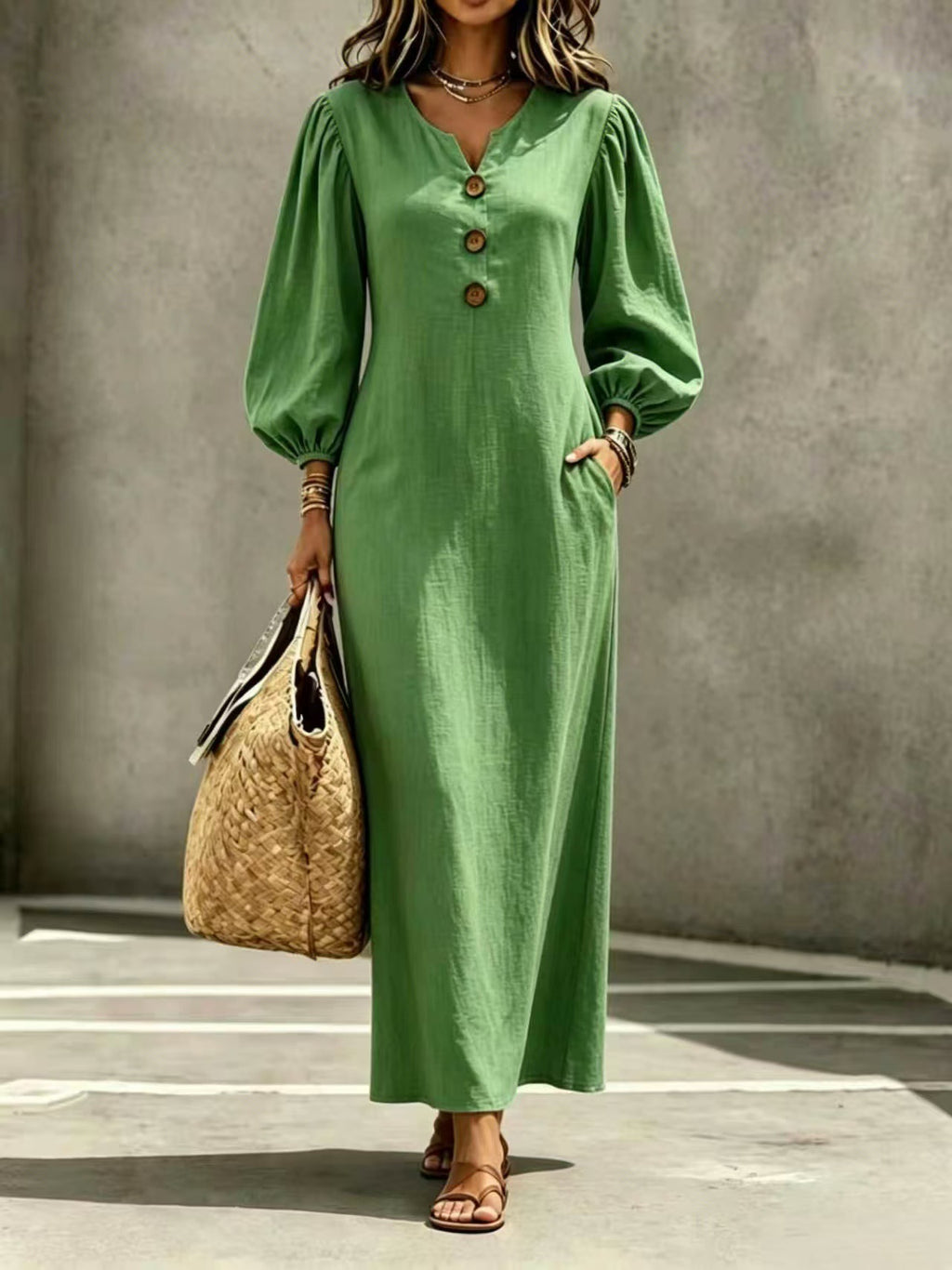 V-Ausschnitt A-Linien Kleid mit Puffärmeln
