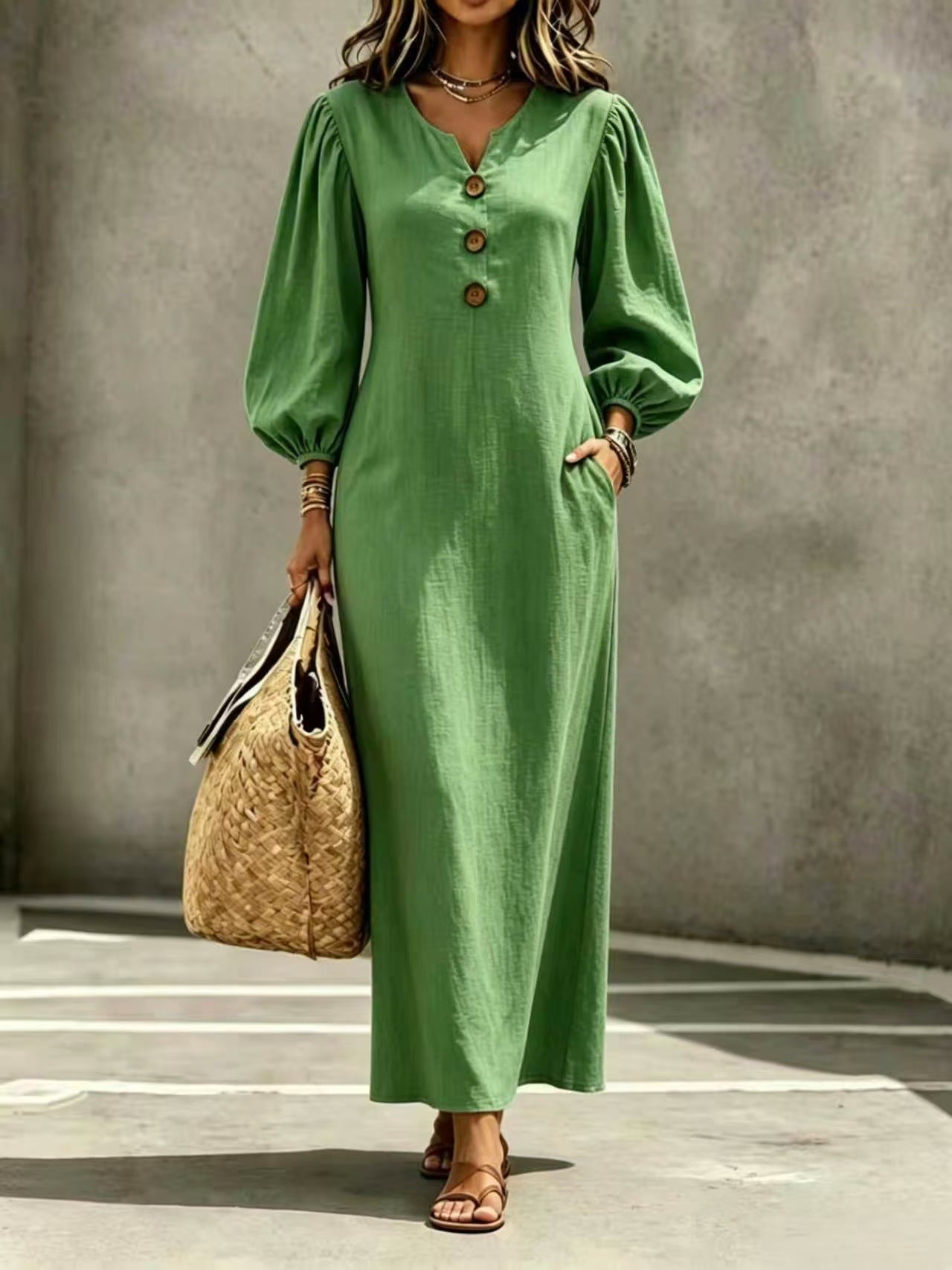 V-Ausschnitt A-Linien Kleid mit Puffärmeln