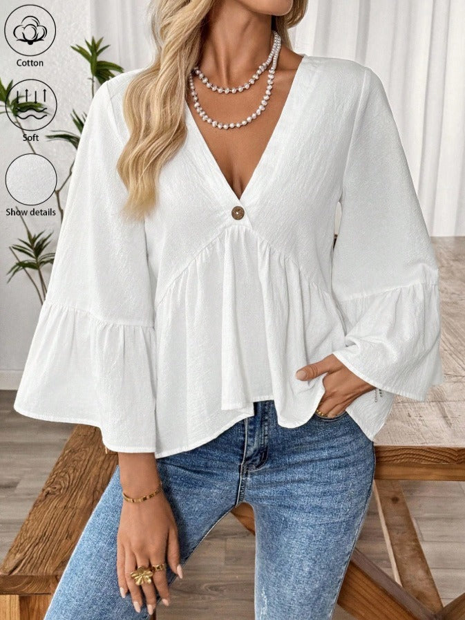 Elegante V-Ausschnitt Bluse mit Rüschenärmeln