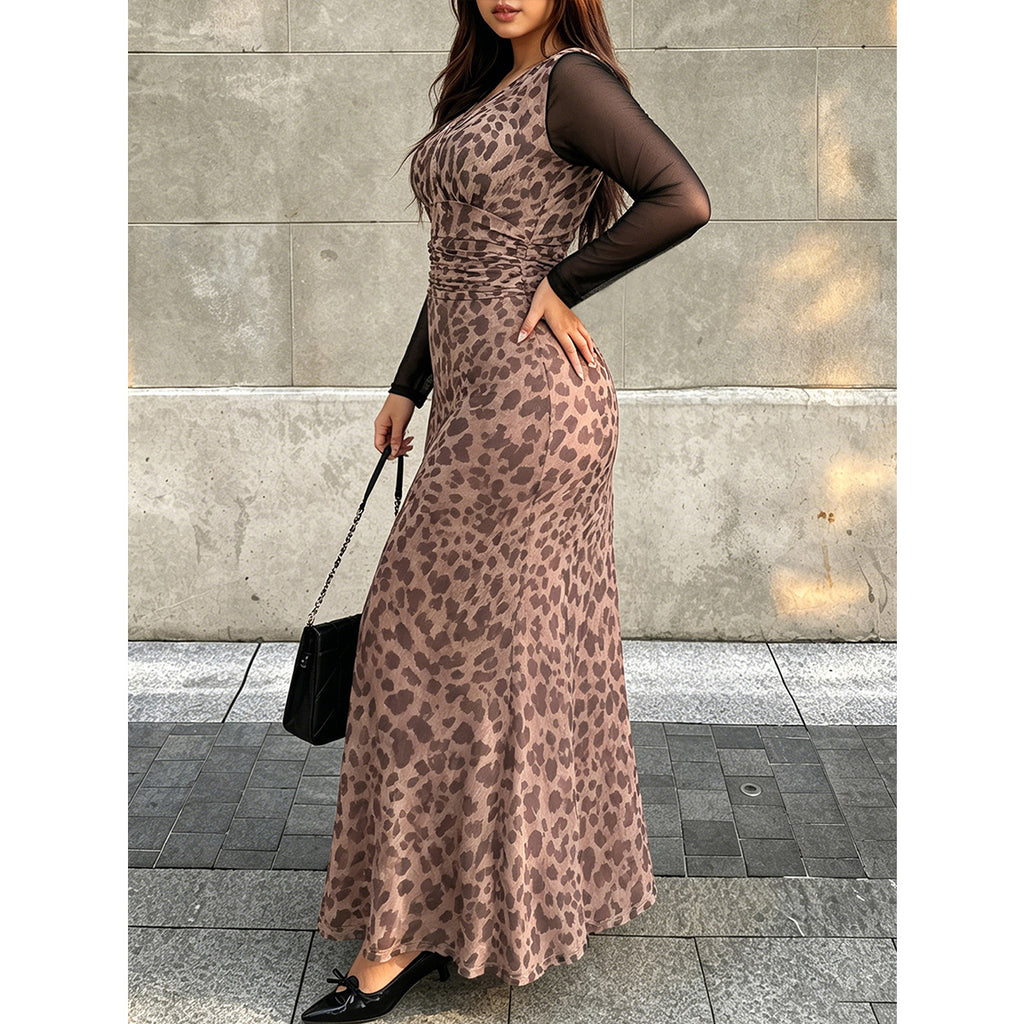 Elegantes A-Linien Mesh-Kleid mit Leo-Print