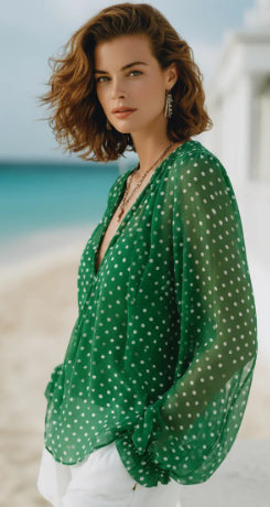 Grünes Polka-Dot V-Neck Langarmshirt