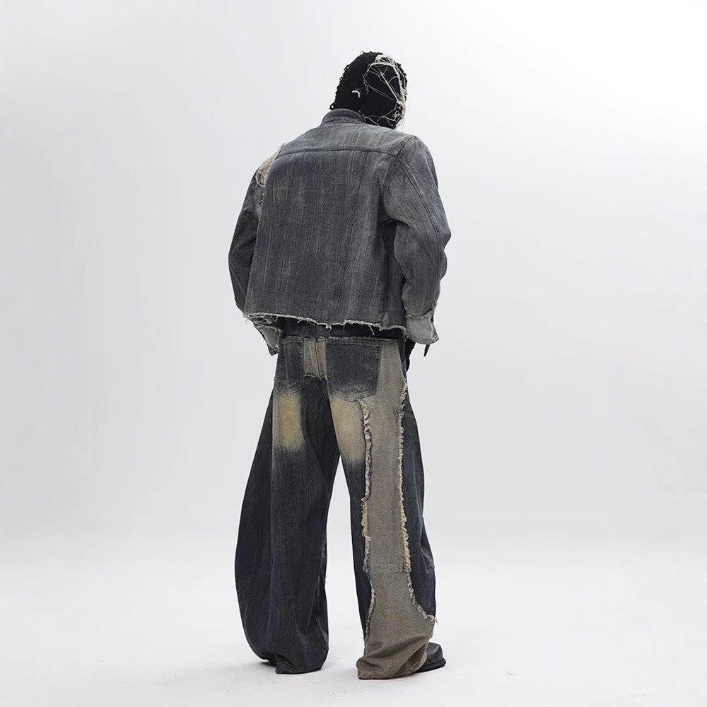 Vintage Patchwork Distressed Jeansjacke für Herren
