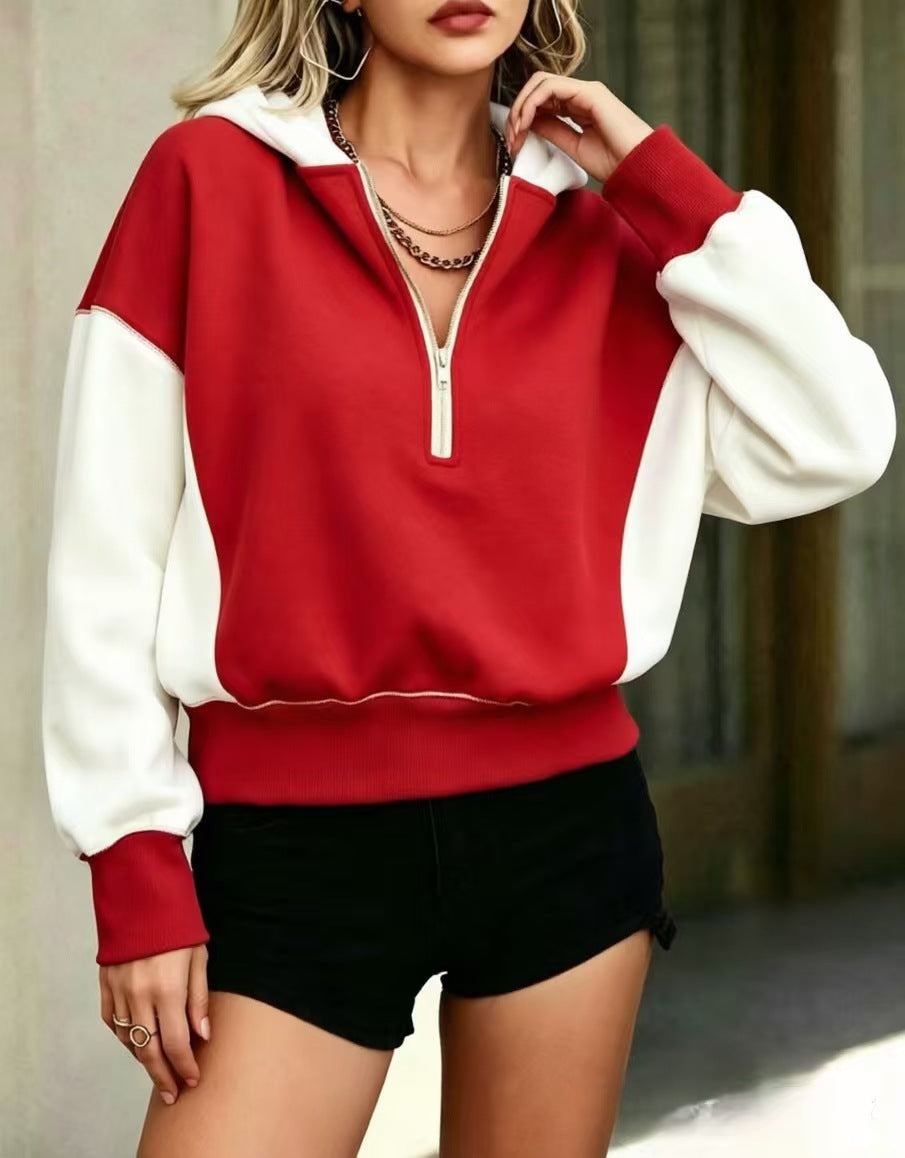 Color-Block Kapuzen-Sweatshirt mit halbem Reissverschluss