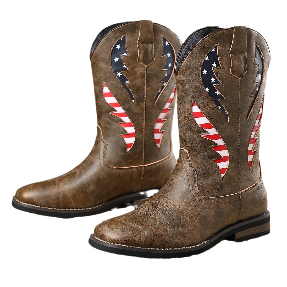 Herren-Lederboots mit Patchwork und Blockabsatz