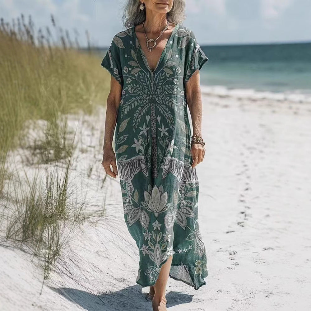 Retro-Print V-Ausschnitt Freizeitkleid – Bild 3 | LuxeStyle
